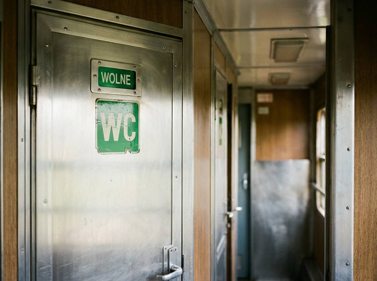 Drzwi toalety w wagonie kolejowym z oznaczeniem WC i wskaźnikiem wolne/zajęte