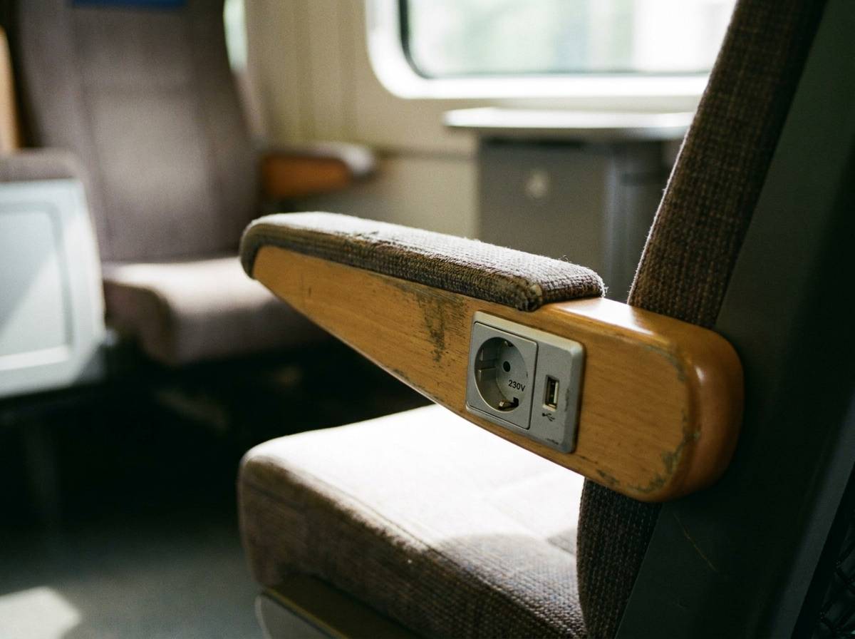Fotel w wagonie pociągu z gniazdkiem elektrycznym i portem USB przy siedzeniu
