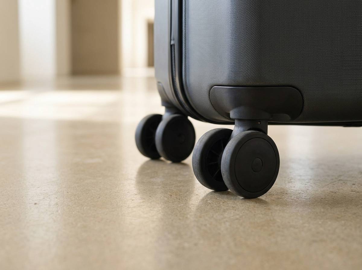 Zbliżenie na kółka spinner walizki podróżnej – ważny element przy wyborze bagażu do samolotu