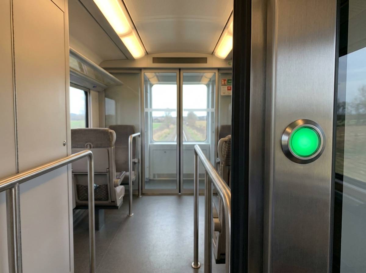 Korytarz pociągu z automatycznymi drzwiami przesuwnymi i przyciskiem otwierania