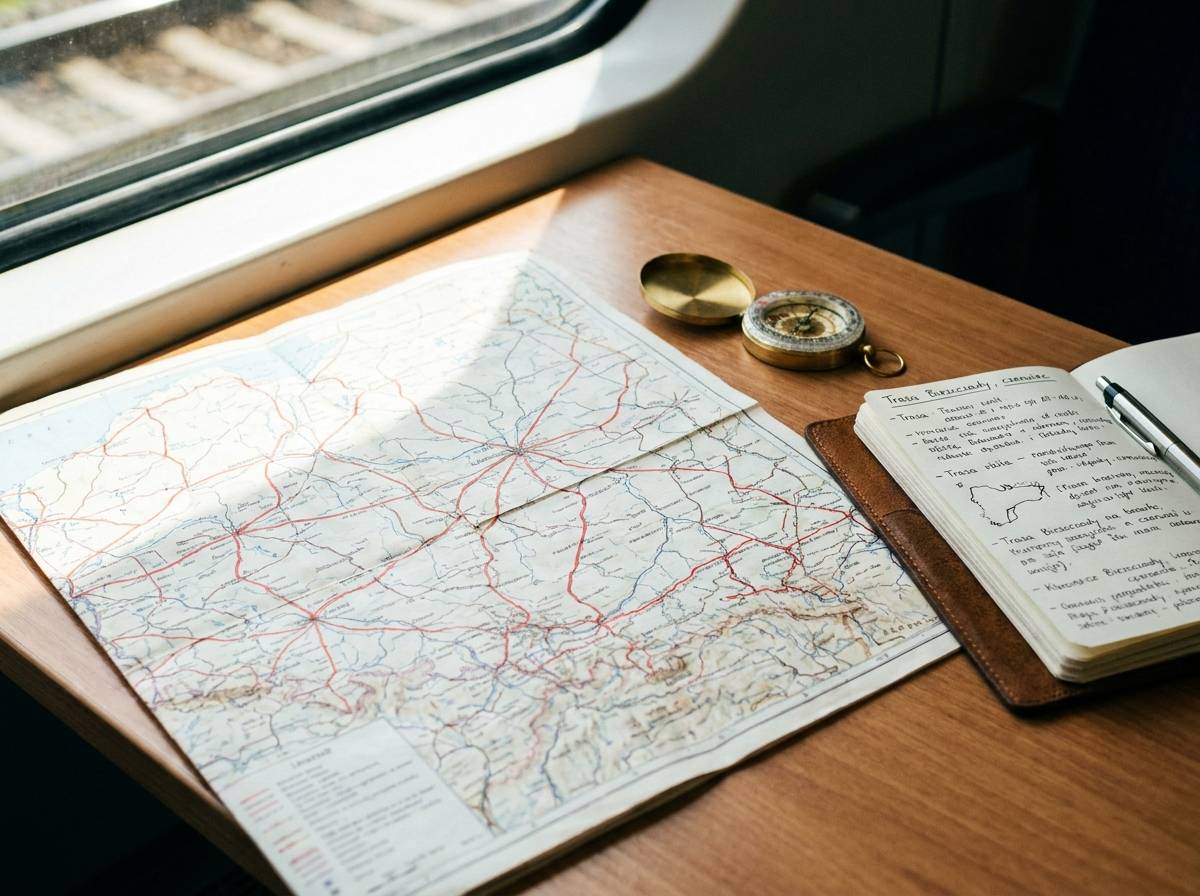 Papierowa mapa tras kolejowych z notatnikiem i kompasem podczas planowania podróży pociągiem
