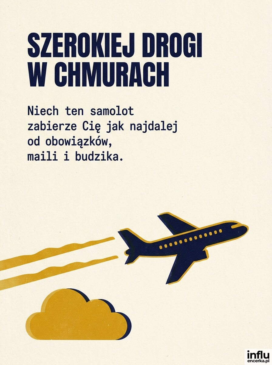 Kartka, motyw samolotu, życzenia szerokiej drogi w chmurach